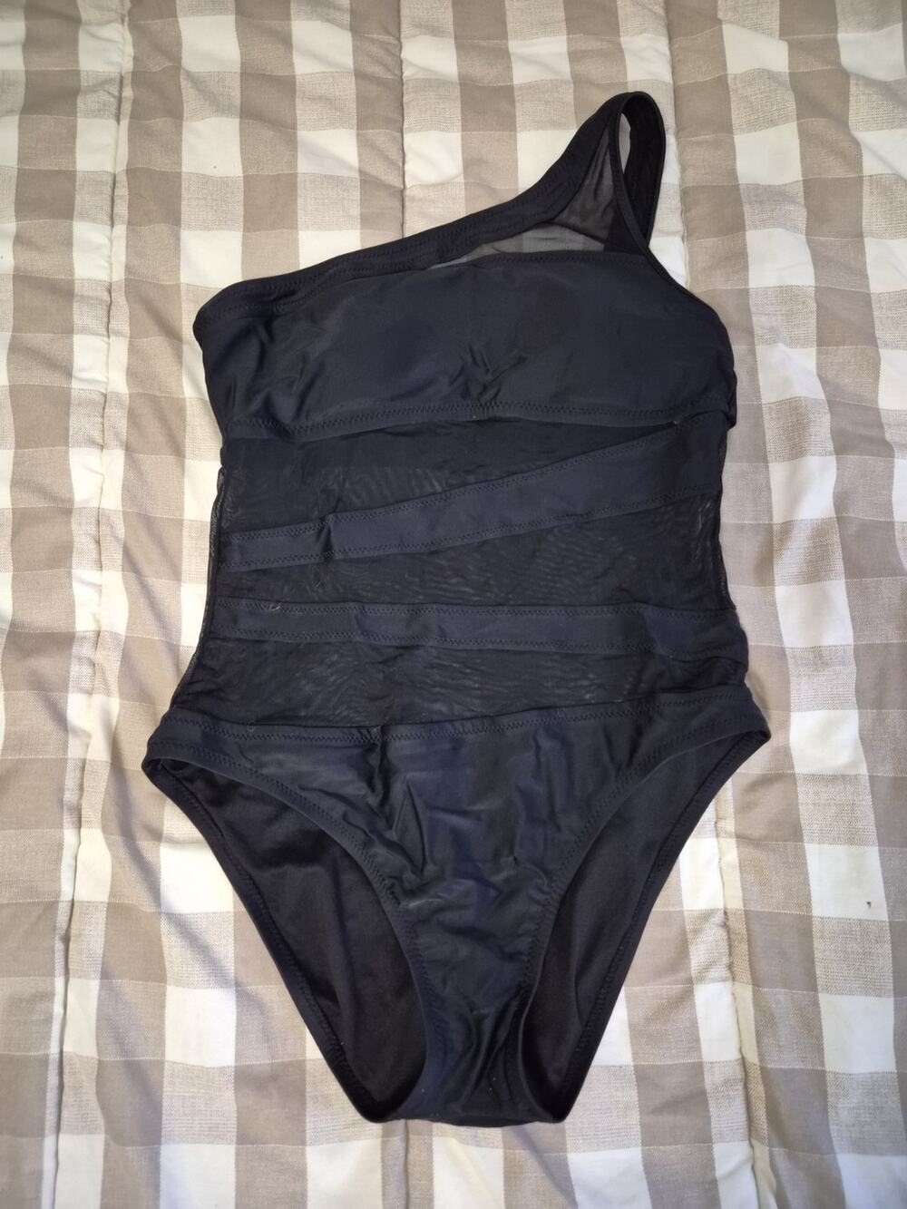 Size M Shade & Shore One Shoulder Black Mesh One Piece Peekaboo Swimsuit